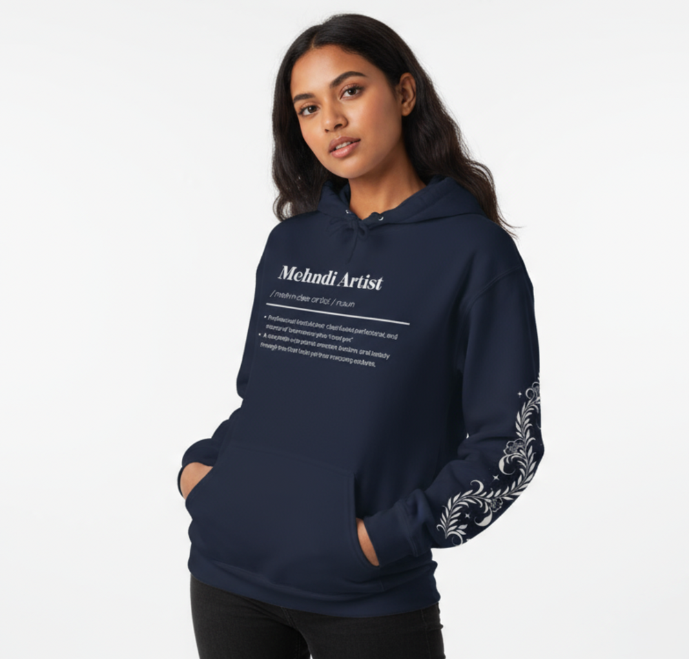 Navy blue hoodie with text and patterns on a plain background for mehndi artist