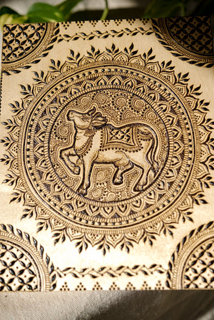 
                
                    Load image into Gallery viewer, Vrindavan Cow &amp;amp; Mandala | Henna on Wood Canvas
                
            