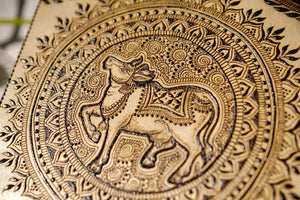 
                
                    Load image into Gallery viewer, Vrindavan Cow &amp;amp; Mandala | Henna on Wood Canvas
                
            