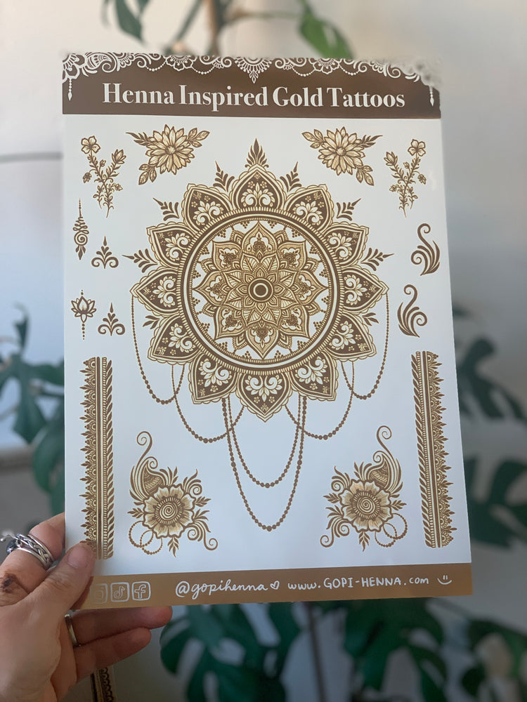 
                
                    Load image into Gallery viewer, 🌞 Gold Foil Temporary Tattoo | MANDALA
                
            